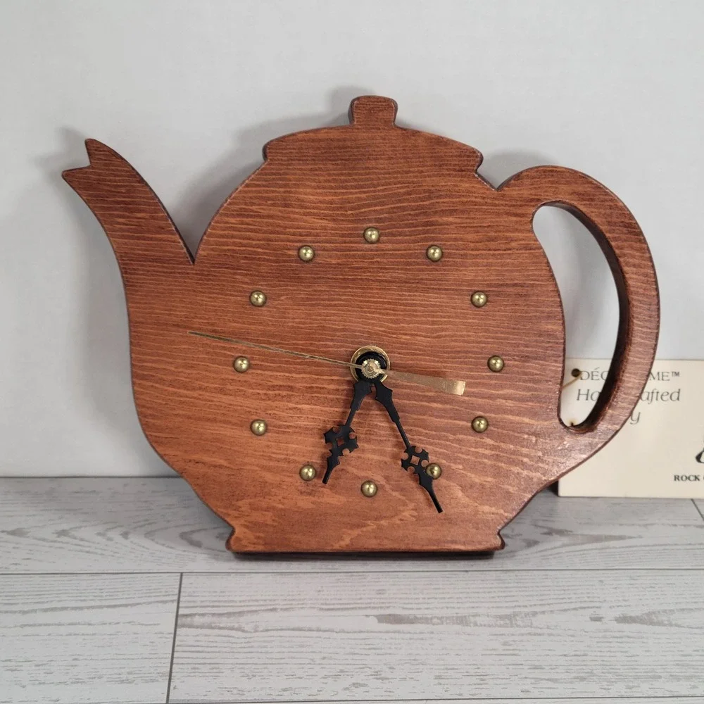 Teapot Wall Clock Wood Handcrafted NEW Decor-Time Vintage Brown Kitchen Battery